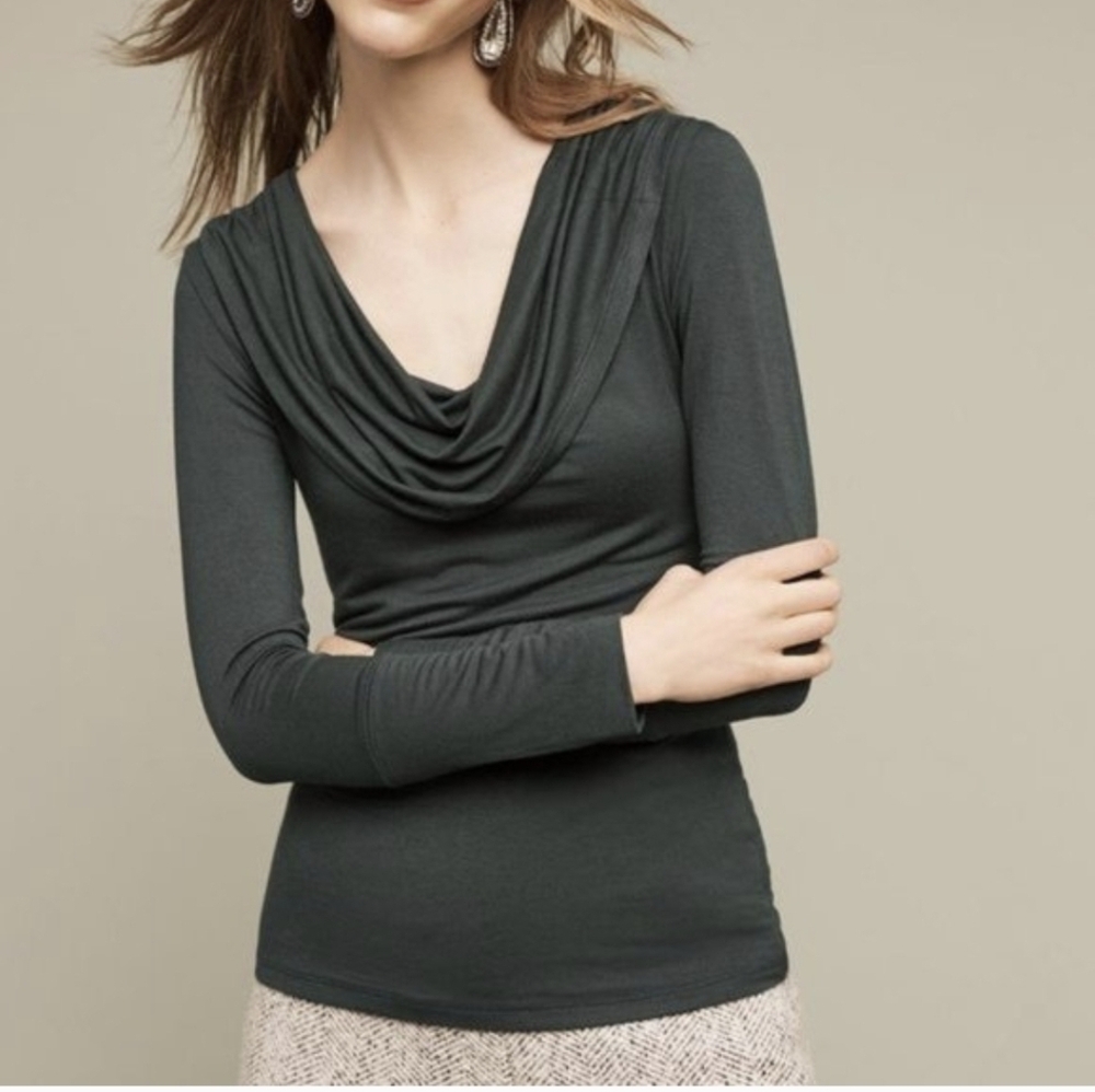 Anthropologie Deletta Brienne Dark Green Off-Shoulder Cowl Neck Long-Sleeved Top